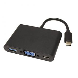 USB/Video prevodník + HUB, DP Alt Mode, USB C samec - VGA (D-sub) samica + USB C samica (PD) + USB A sam, čierny, plastic bag 2560
