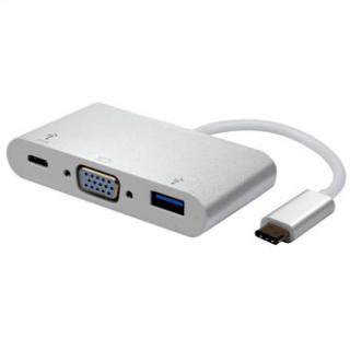 USB/Video prevodník + HUB, DP Alt Mode, USB C samec - VGA (D-sub) samica + USB C samica (PD) + USB A sam, strieborný, plastic bag