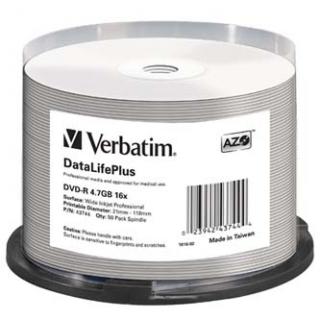 Verbatim DVD-R, DataLifePlus Wide Inkjetr Printable, 43744, 4.7GB, 16X, cake box, 50-pack, 12cm, pre archiváciu dát