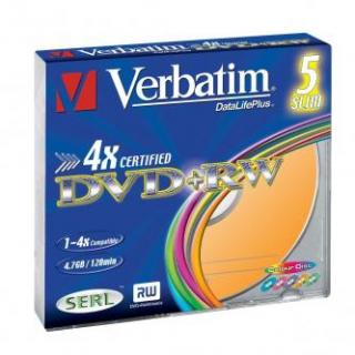 Verbatim DVD+RW, Colour, 43297, 4.7GB, 4x, slim box, 5-pack, bez možnosti potlače, 12cm, pre archiváciu dát