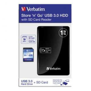 Verbatim externý pevný disk s integrovanou čítačkou pamäť. kariet, Store N Go, 2.5", USB 3.0 (3.2 Gen 1), 1TB, 53421, čierny, + SD