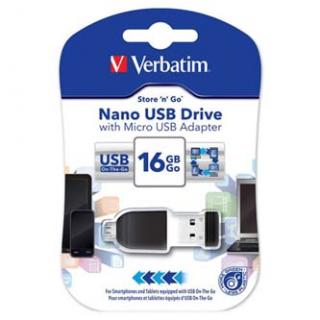 Verbatim USB flash disk, USB 2.0, 16GB, Nano, Store N Go, čierny, 49821, USB A, s adaptérom USB Micro