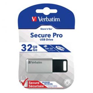 Verbatim USB flash disk, USB 3.0, 32GB, Secure Pro, Store N Go, strieborný, 98665, USB A, AES 256-bit šifrovanie