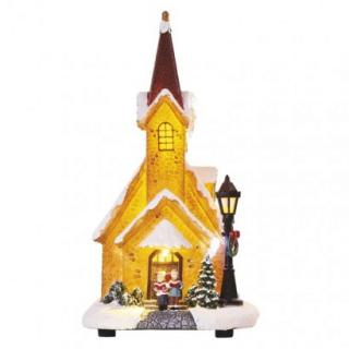 LED zasnežený vianočný kostol, 26 cm, 3× AA, vnút., ...