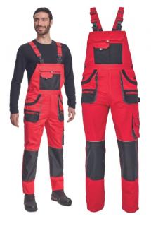 Bavlnené montérkové nohavice FF HANS s náprsenkou červenoá/antracit