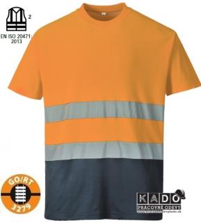 Pracovné odevy-reflexné bavlnené tričko PW S173 Cotton Comfort oranžová/tm.modrá