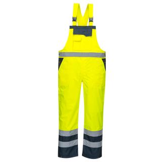 Reflexné nepremokavé priedušné nohavice Hi-Vis PORTWEST s488 s naprsenkou žltá/tm. modrá