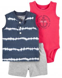 CARTER'S Set 3dielny body tielko, tričko bez rukávov, nohavice kr. Blue Tie chlapec 12 m, veľ. 80