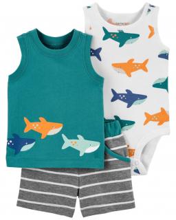 CARTER'S Set 3dielny body tielko, tričko bez rukávov, nohavice kr. Green Shark chlapec 12 m, veľ. 80