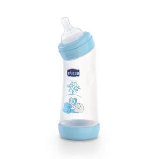 CHICCO Fľaša zahnutá bez BPA Well-Being silikónový cumlík modrá 250 ml