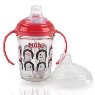 NUBY Hrnček Tritan netečúci so slamkou a s uškami 240 ml, 6 m+ červený