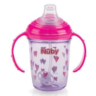 NUBY Hrnček Tritan netečúci so slamkou a s uškami 240 ml, 6 m+ ružový