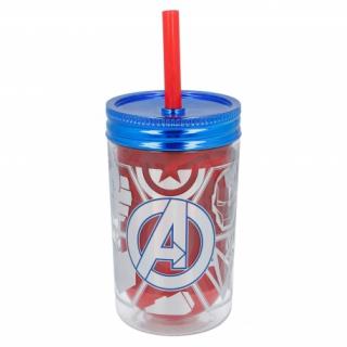 Plastový termo pohár so šrubovacím viečkom a slamkou AVENGERS, 370ml, 13223