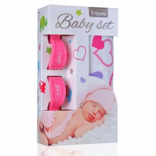 T-TOMI Baby set - osuška bambusová + štipce na kočík, ružová/srdiečka