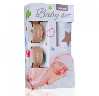 T-TOMI Baby set - osuška bambusová + štipce na kočík, zelená/hviezdičky