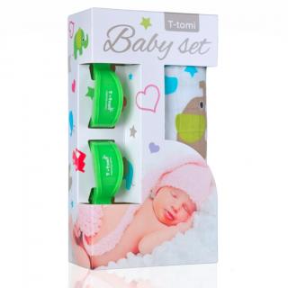 T-TOMI Baby set - osuška bambusová + štipce na kočík, zelená/sloníky