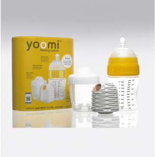 YOOMI - set 3 v 1 - 240 ml dojčenská fľaša + ohrievač + nabíjačka na ohrievač - žltý