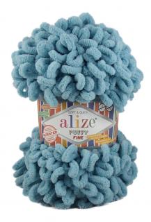 Alize Puffy Fine 414 - modrá azúrová (pletenie rukami bez ihlíc)