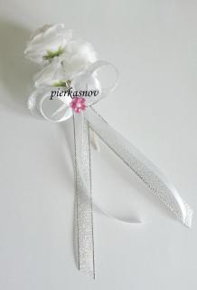 Svadobné pierko - biele ruže - bielo strtieborné (ružový kamienok + biela perlička)