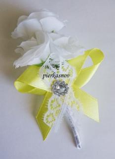 Svadobné pierko bielo - žlté s čipkou a štrasom (3 ruže)