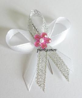Svadobné pierko malé pre hostí biele - strieborné (ružový kamienok + biela perička)