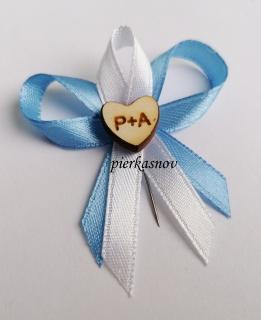 svadobné pierko modro biele s dreveným srdiečkom - s iniciálmi - VZOR 2 (vzadu modré - vpredu biela )