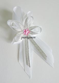 Svadobné pierko veľké  biele - strieborné (ružový kamienok + biela perlička)