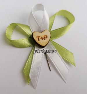 svadobné pierko zeleno biele s dreveným srdiečkom - s iniciálmi - VZOR 2 (vzadu zelená- vpredu biela )