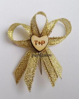 svadobné pierko zlatés dreveným srdiečkom - s iniciálmi - VZOR 3 (zlaté)