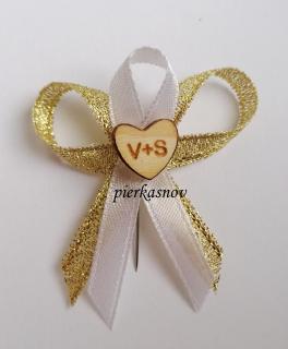svadobné pierko zlato biele s dreveným srdiečkom - s iniciálmi - VZOR 2 (vzadu zlatá- vpredu biela )