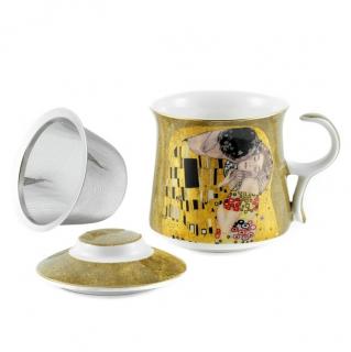 Gustav Klimt porcelánová šálka na čaj so sitkom a prikrývkou Bozk hnedá