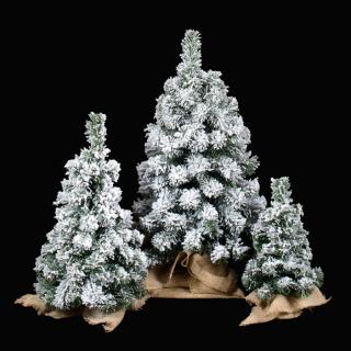 Malý 60cm zasnežený  vianočný stromček stojan v jutovom vrecku