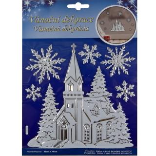 Vianočné 3D samolepky biely kostolík snehové vločky