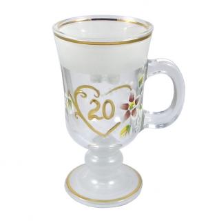 Výročný sklenený pohár na kávu k 20 narodeninám biely