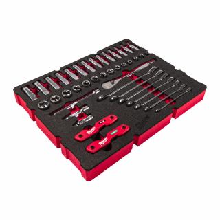 MILWAUKEE PACKOUT™ set s 3/8  račňou, nástrčnými kľúčmi a račňovými kľúčmi 55 ks (penová vložka PACKOUT™ modulárny úložný systém)
