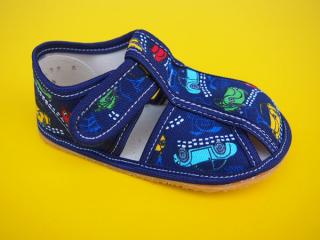 Detské barefoot papučky Baby Bare - modré s autíčkami BAREFOOT 764-SK403