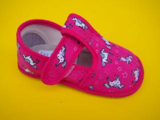 Detské barefoot papučky Beda - ružové jednorožec BAREFOOT SLIM 454-SK666