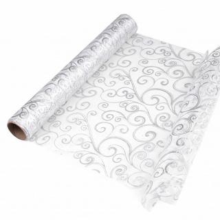 Organza s ornamentami bielo-strieborná 36cm