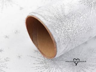 Vianočná organza s potlačou - bielo-strieborná - 36cm