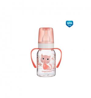 CANPOL Dojčenská fľaša plast s držiakmi Cute Animals 120 ml 3m+ RUŽOVÁ MAČIČKA