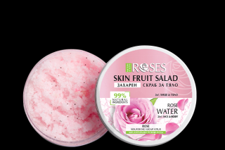 ROSES Píling na tvár a telo s prírodnou ružovou vodou 200 ml (S 99% prírodnými zložkami.Obsahuje ružovú vodu,ľanové a makové semienko, oleje olivový,hroznový,mandľový.)