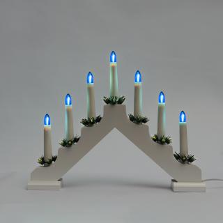 Adventný svietnik drevený BIELY s LED filament modrými žiarovkami 7x34V/0,2W
