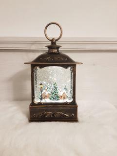 Svietiaci lampáš s vianočnou dedinou s efektom sneženia a hudbou, 1xLED studená biela