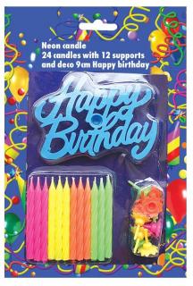 Svíčky na dort 24ks neonové s nápisem Happy Birthday