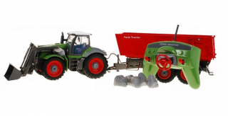 RC Traktor zelený, s červeným prívesom, v mierke 1:28 (RC)