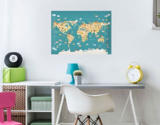 Samolepka na stenu - Mapa sveta so zvieratkami a nápismi