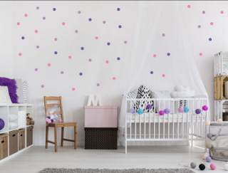 Samolepky na stenu - Bodky pink + lila + levandulvá 5x5 cm