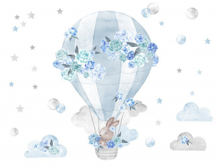 Samolepky na stenu - Látající balón s zajačikom, modrý set