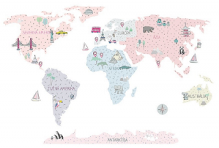 Samolepky na stenu - Mapa sveta - ružová, veľkosť L