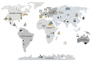 Samolepky na stenu - Mapa sveta - sivá, veľkosť L (Samolepky)